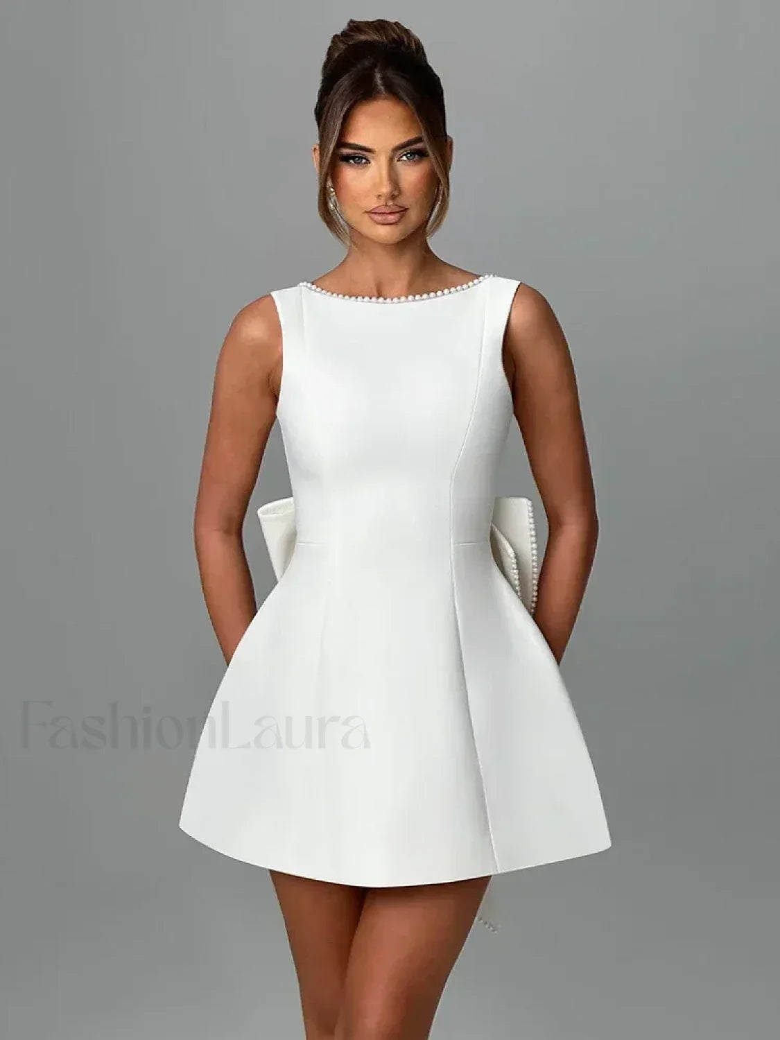 Pearl Bow Sleeveless Mini Dress WHITE / S
