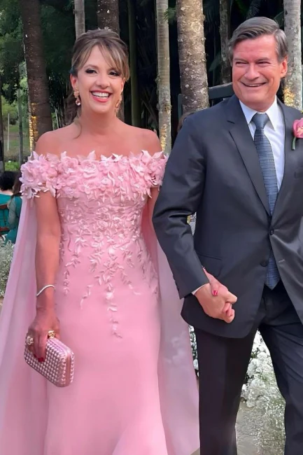 Pearl Pink Off-the-Shoulder Cap sleeves Column Flowers Prom Dresses