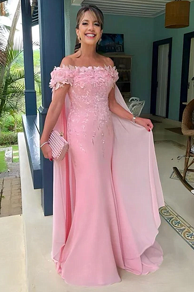 Pearl Pink Off-the-Shoulder Cap sleeves Column Flowers Prom Dresses