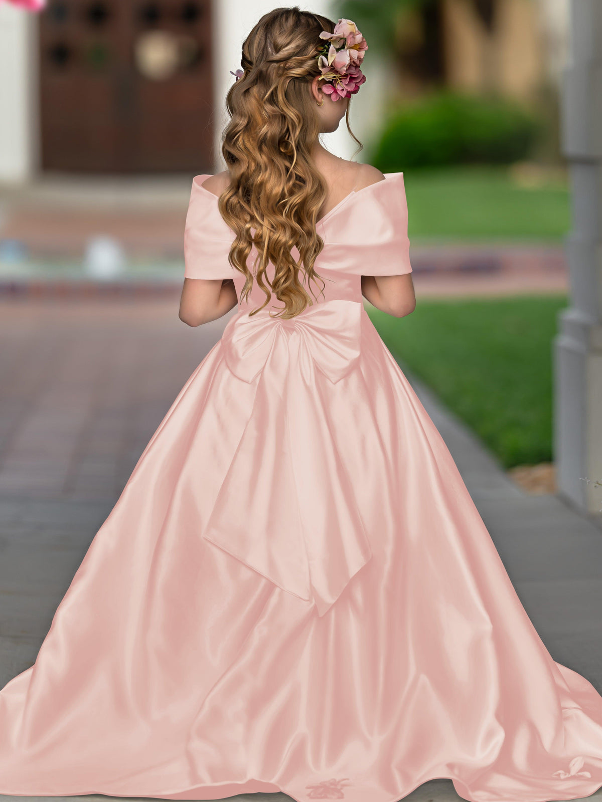 Elegant Ivory Satin Princess Ball Gown with Sweep Train and Bow for Flower Girls - View 15 | VelvetHem