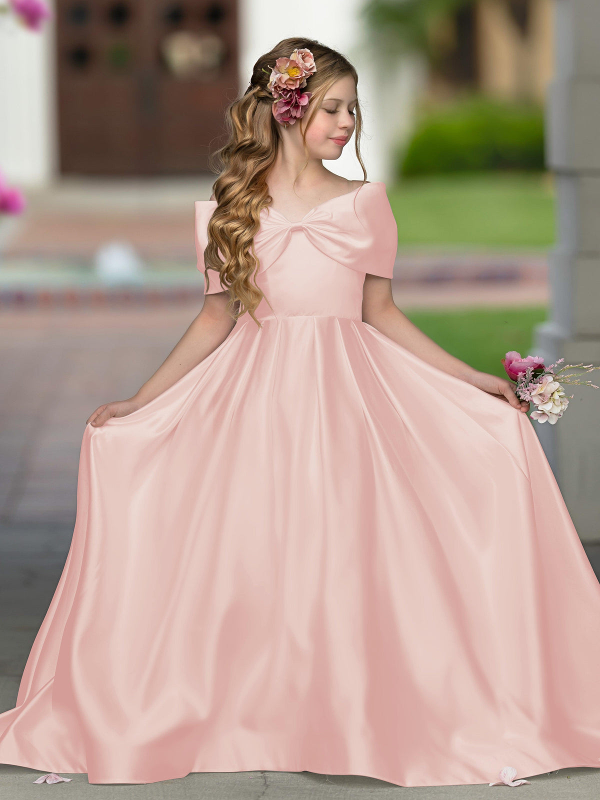 Elegant Ivory Satin Princess Ball Gown with Sweep Train and Bow for Flower Girls - View 14 | VelvetHem