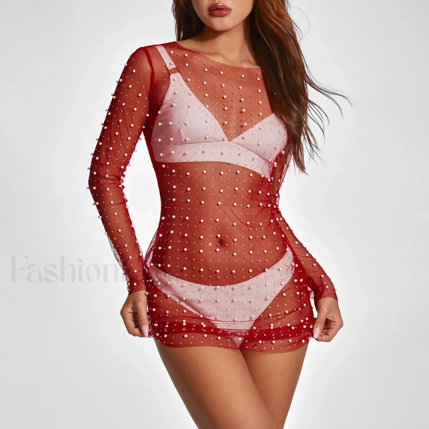 Pearl Sheer Party Dress Cover Up Red / S