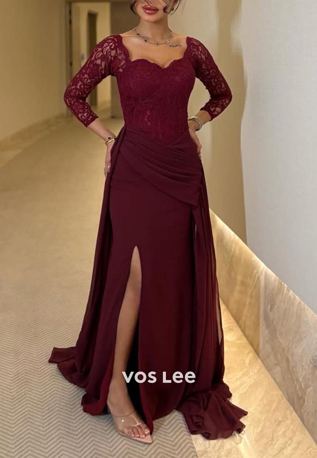 Lace 3/4 Sleeve Side Slit Sweep Train Column Formal Evening Dresses