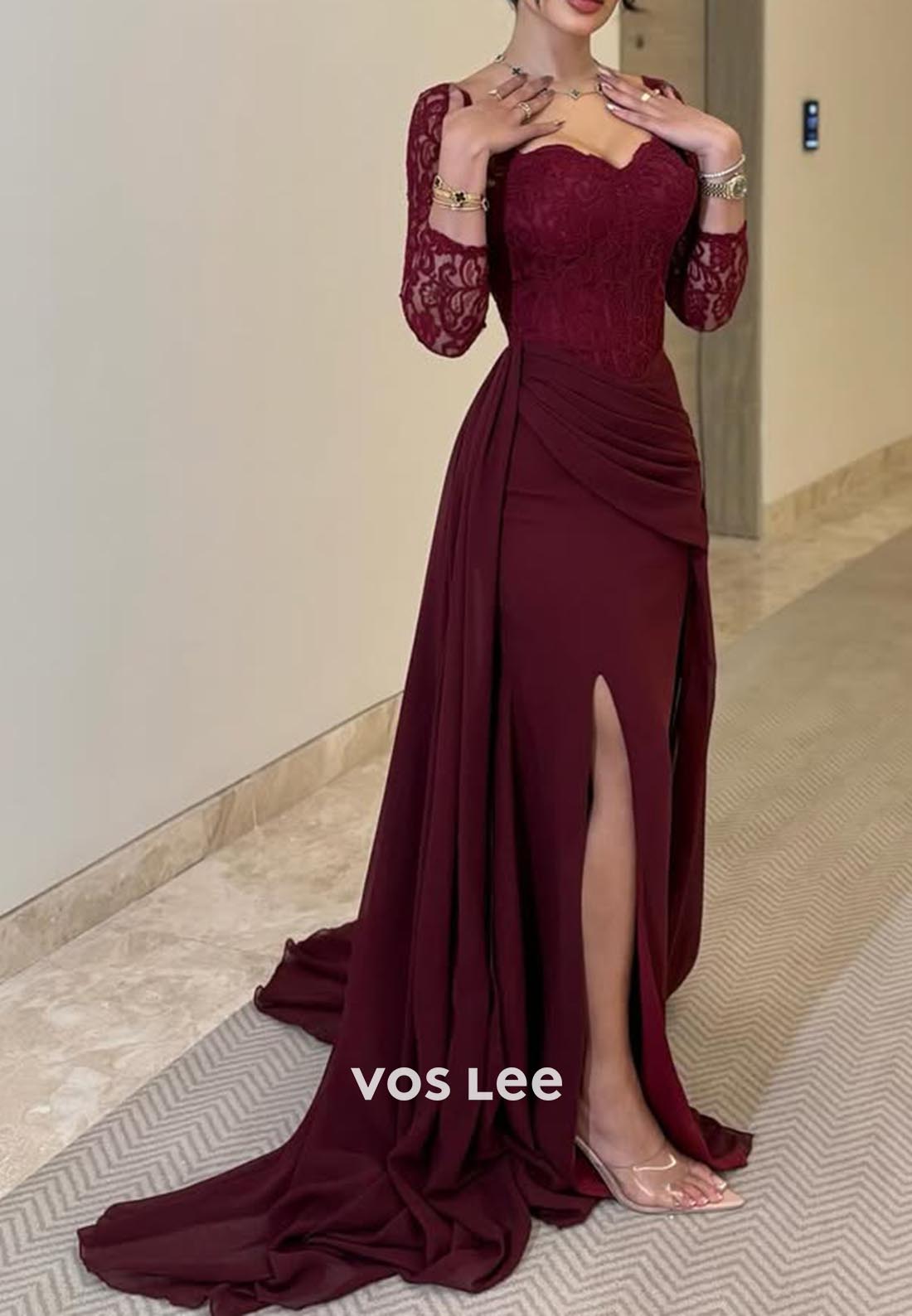 Lace 3/4 Sleeve Side Slit Sweep Train Column Formal Evening Dresses
