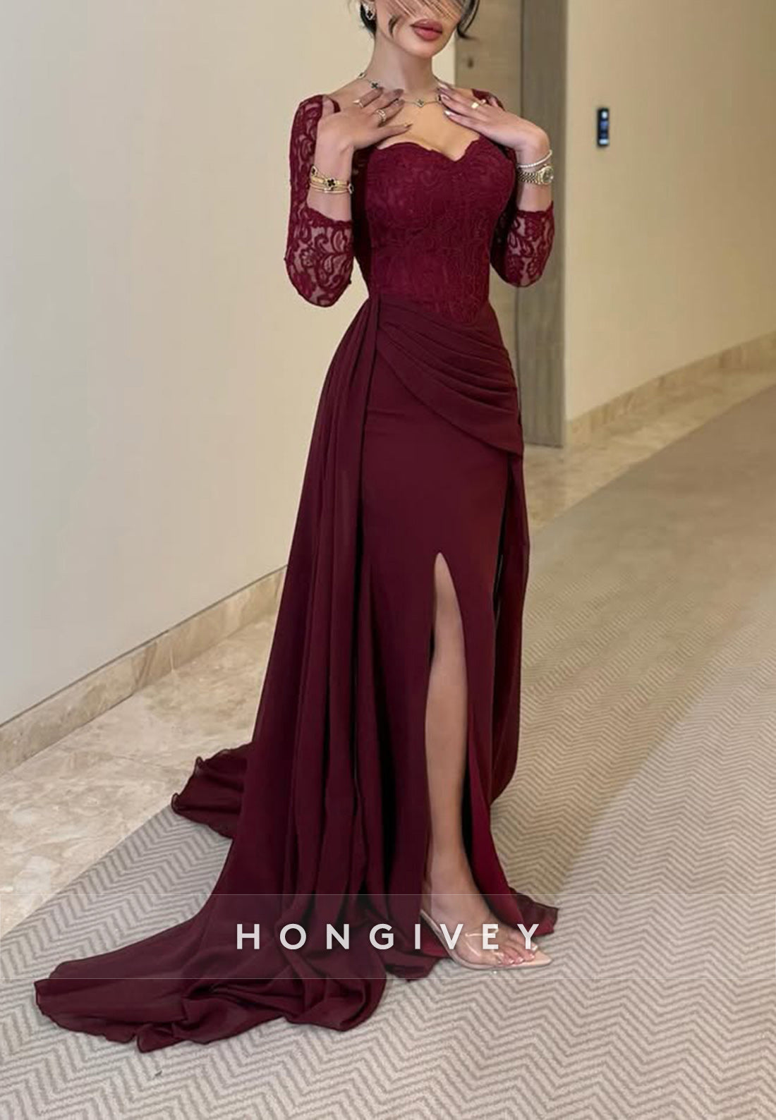 Lace 3/4 Sleeve Side Slit Sweep Train Column Formal Evening Dresses