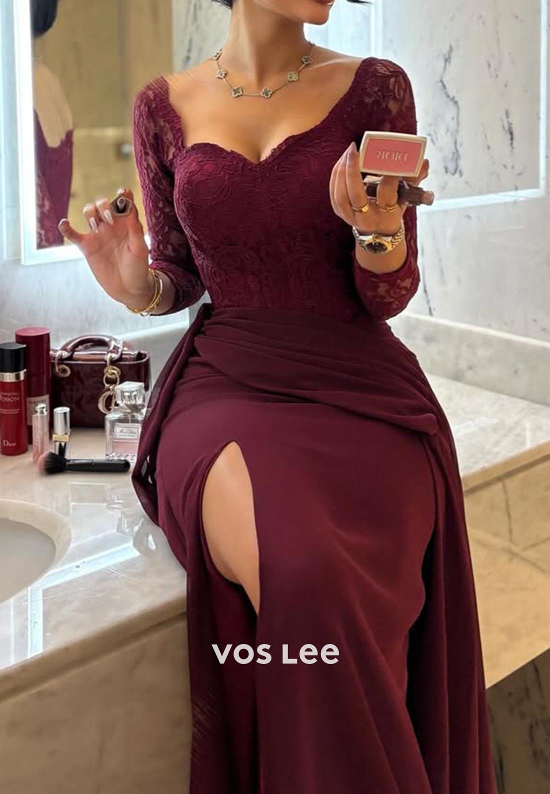 Lace 3/4 Sleeve Side Slit Sweep Train Column Formal Evening Dresses