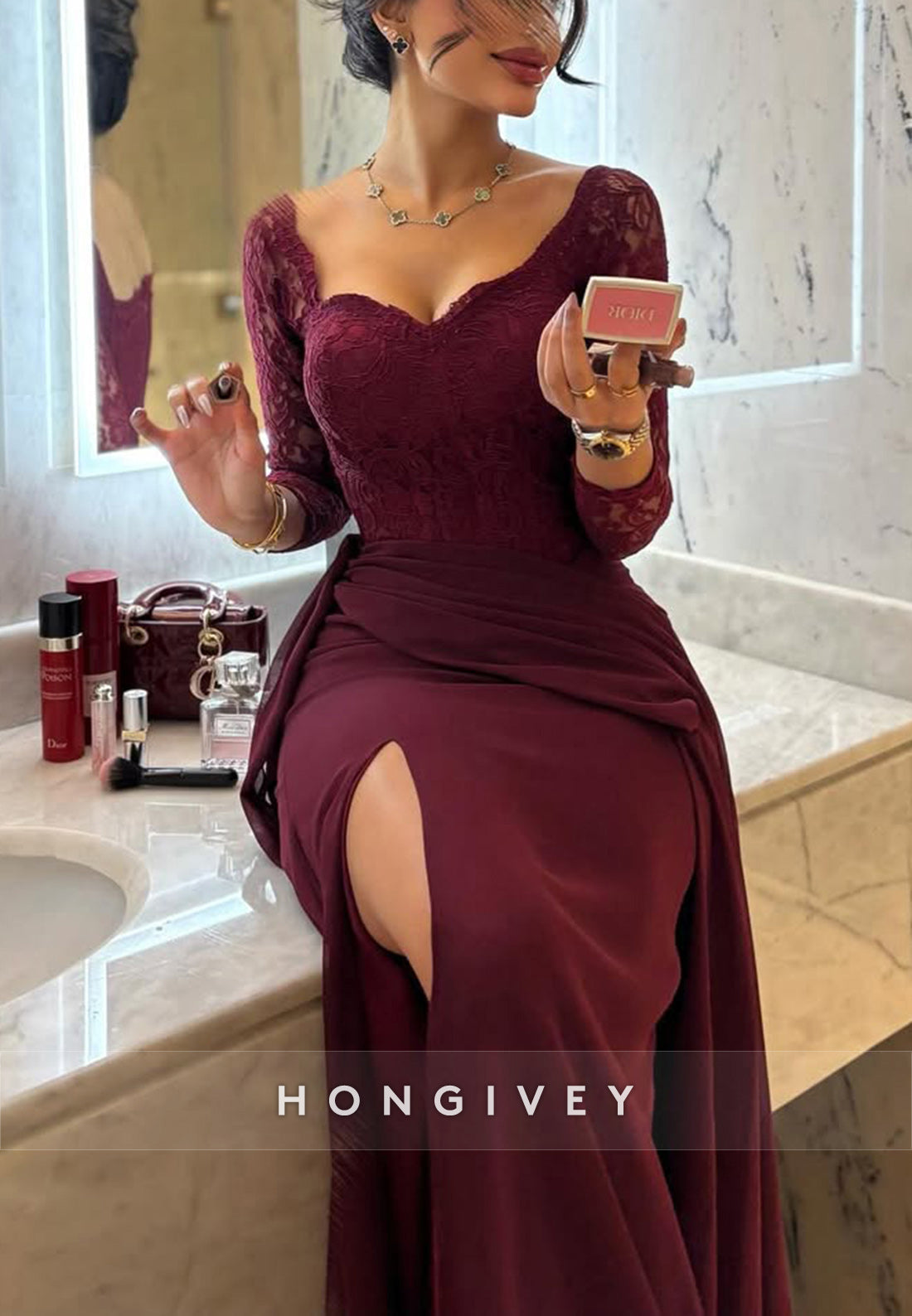 Lace 3/4 Sleeve Side Slit Sweep Train Column Formal Evening Dresses