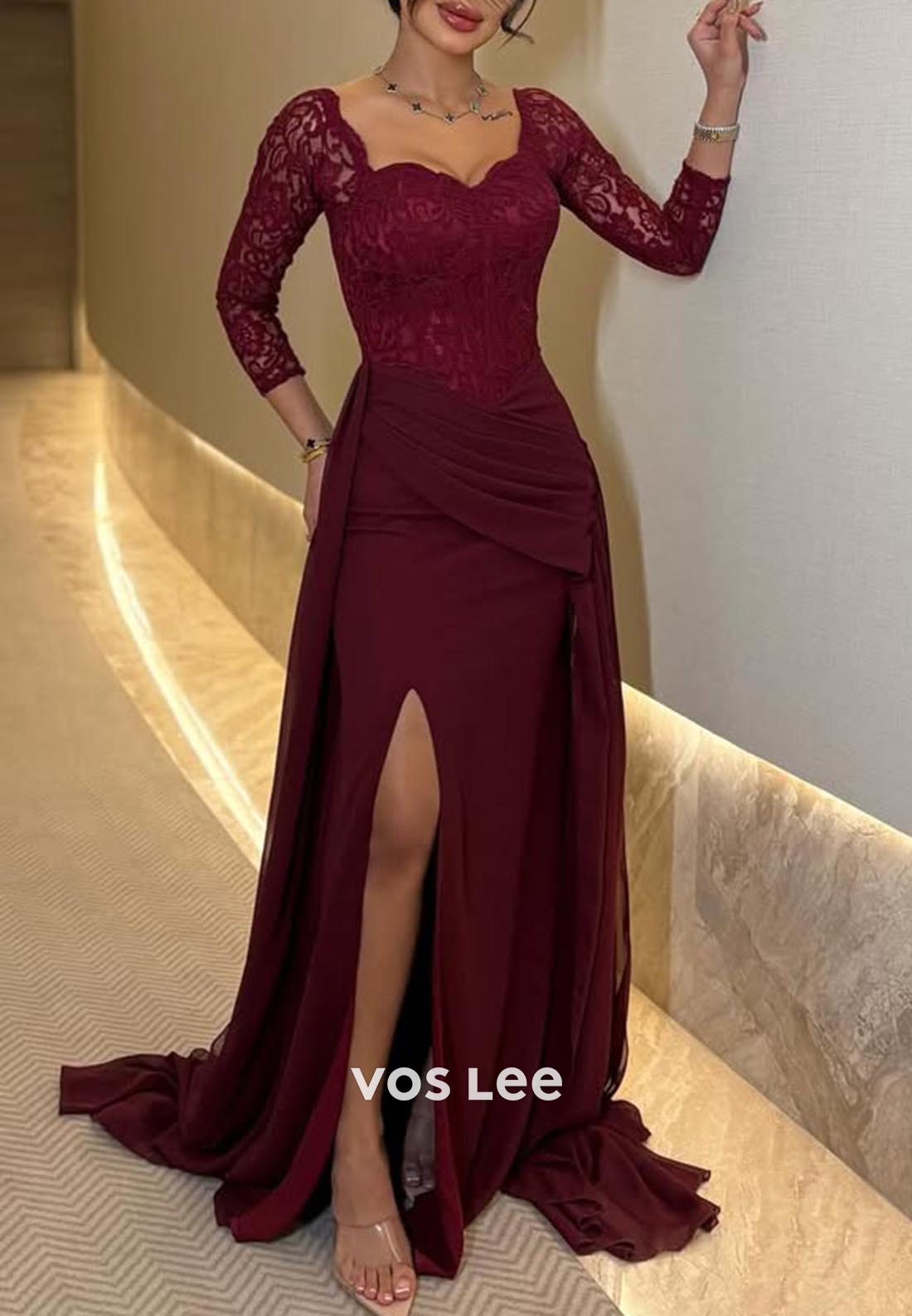 Lace 3/4 Sleeve Side Slit Sweep Train Column Formal Evening Dresses