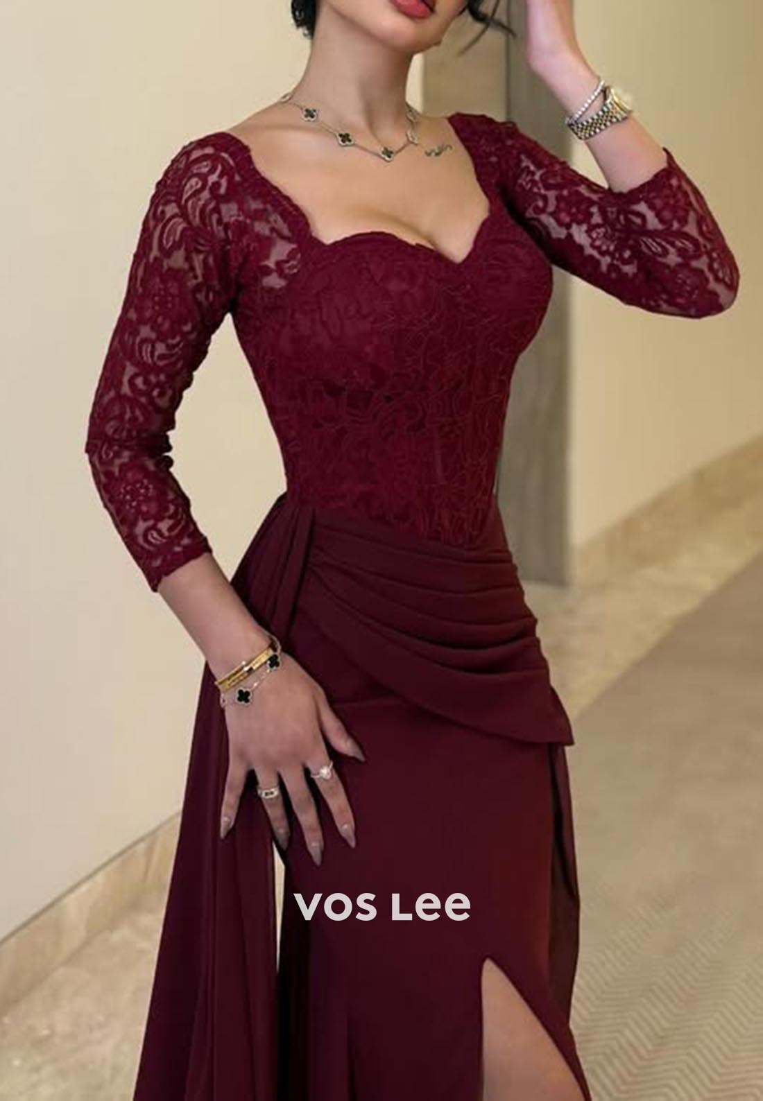 Lace 3/4 Sleeve Side Slit Sweep Train Column Formal Evening Dresses