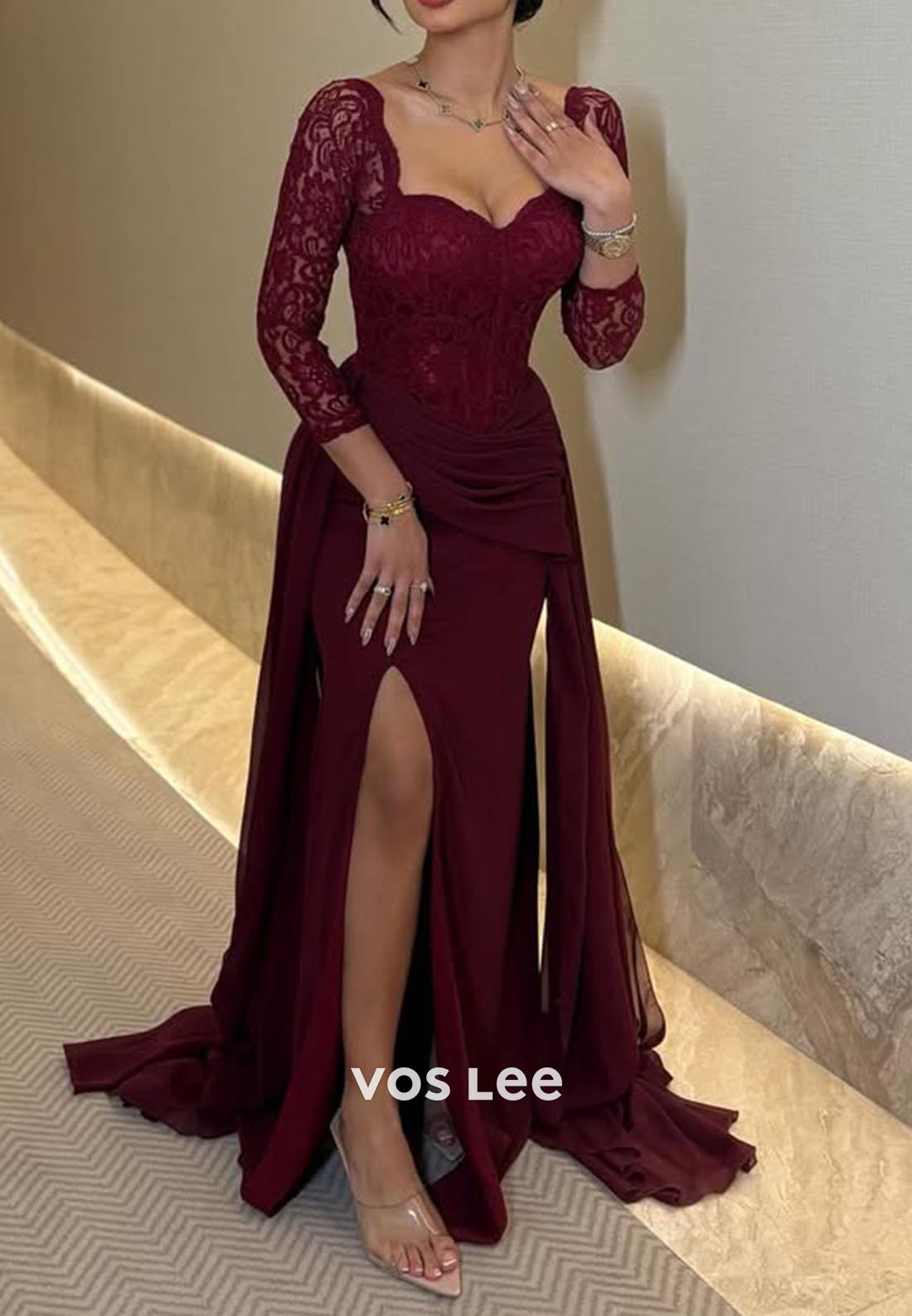 Lace 3/4 Sleeve Side Slit Sweep Train Column Formal Evening Dresses