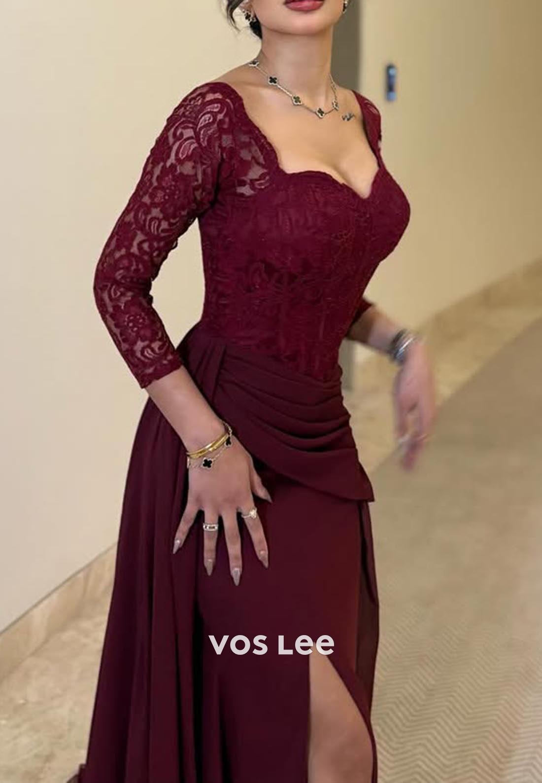 Lace 3/4 Sleeve Side Slit Sweep Train Column Formal Evening Dresses
