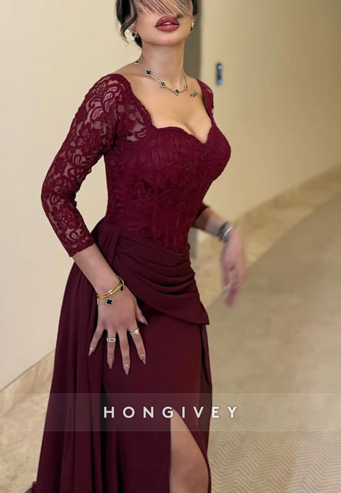 Lace 3/4 Sleeve Side Slit Sweep Train Column Formal Evening Dresses