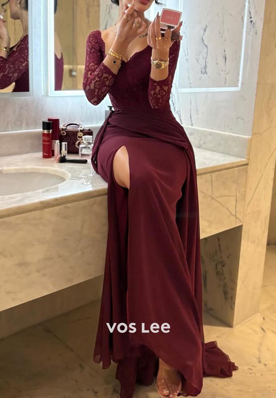 Lace 3/4 Sleeve Side Slit Sweep Train Column Formal Evening Dresses