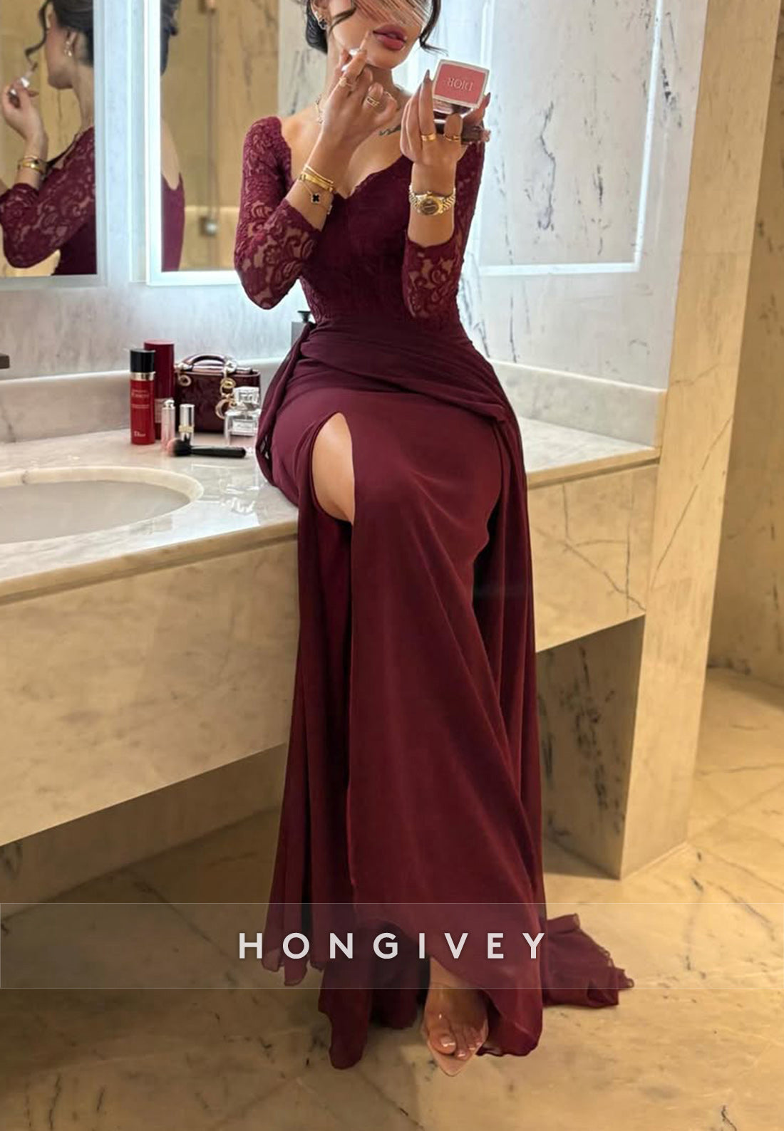 Lace 3/4 Sleeve Side Slit Sweep Train Column Formal Evening Dresses