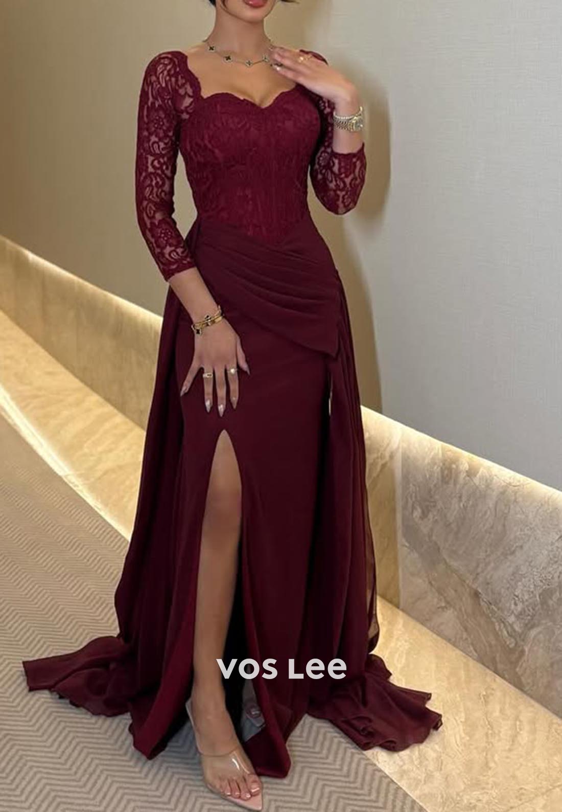 Lace 3/4 Sleeve Side Slit Sweep Train Column Formal Evening Dresses