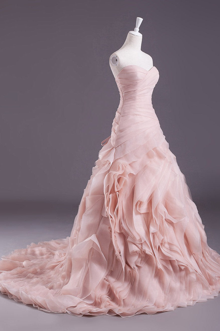 Pink A-Line Strapless Sweetheart Neck Tiered Sweep Wedding Gown