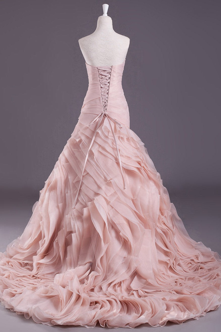 Pink A-Line Strapless Sweetheart Neck Tiered Sweep Wedding Gown