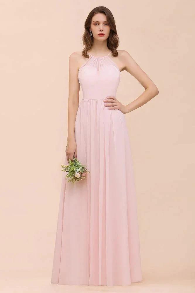 Pink Girls Bridesmaid Dress Halter Floor Length Chiffon Beach Wedding Party Dress by misshow.com