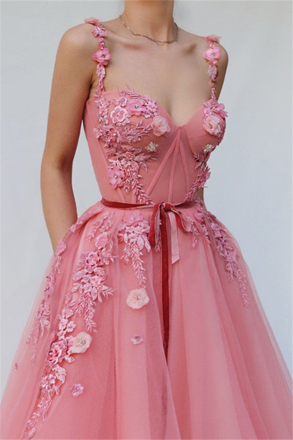 Pink Gorgeous A-Line Spaghetti Tulle Flower Applique Prom Dresses