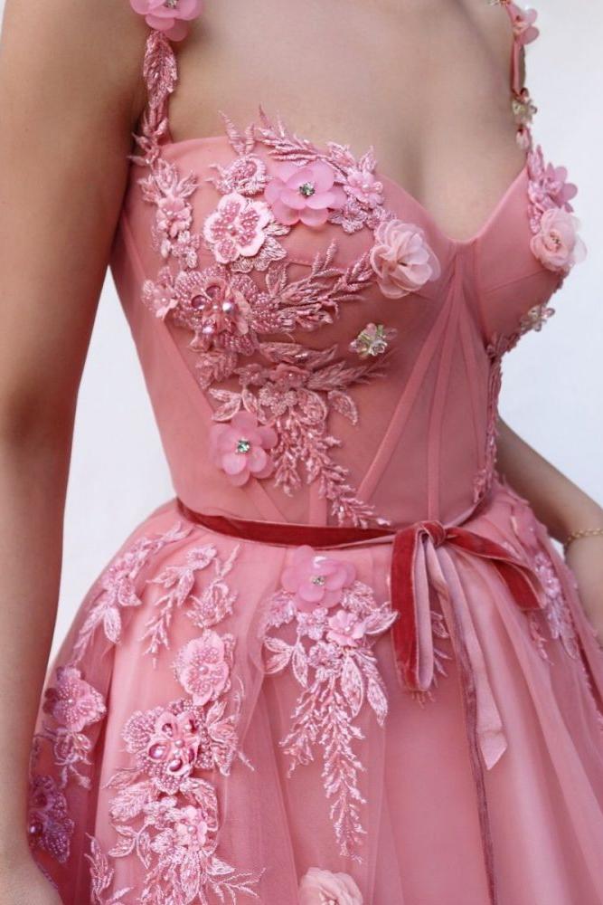 Pink Gorgeous A-Line Spaghetti Tulle Flower Applique Prom Dresses