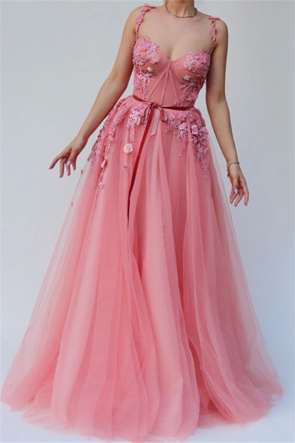 Pink Gorgeous A-Line Spaghetti Tulle Flower Applique Prom Dresses