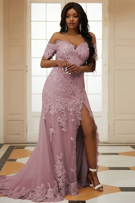 Pink Off-the-Shoulder Tulle Appliques Side Slit Bespoke Prom Dresses