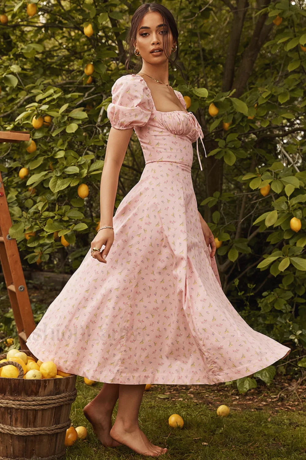 Pink Printed Puff Charming Sleeve Midi Dress