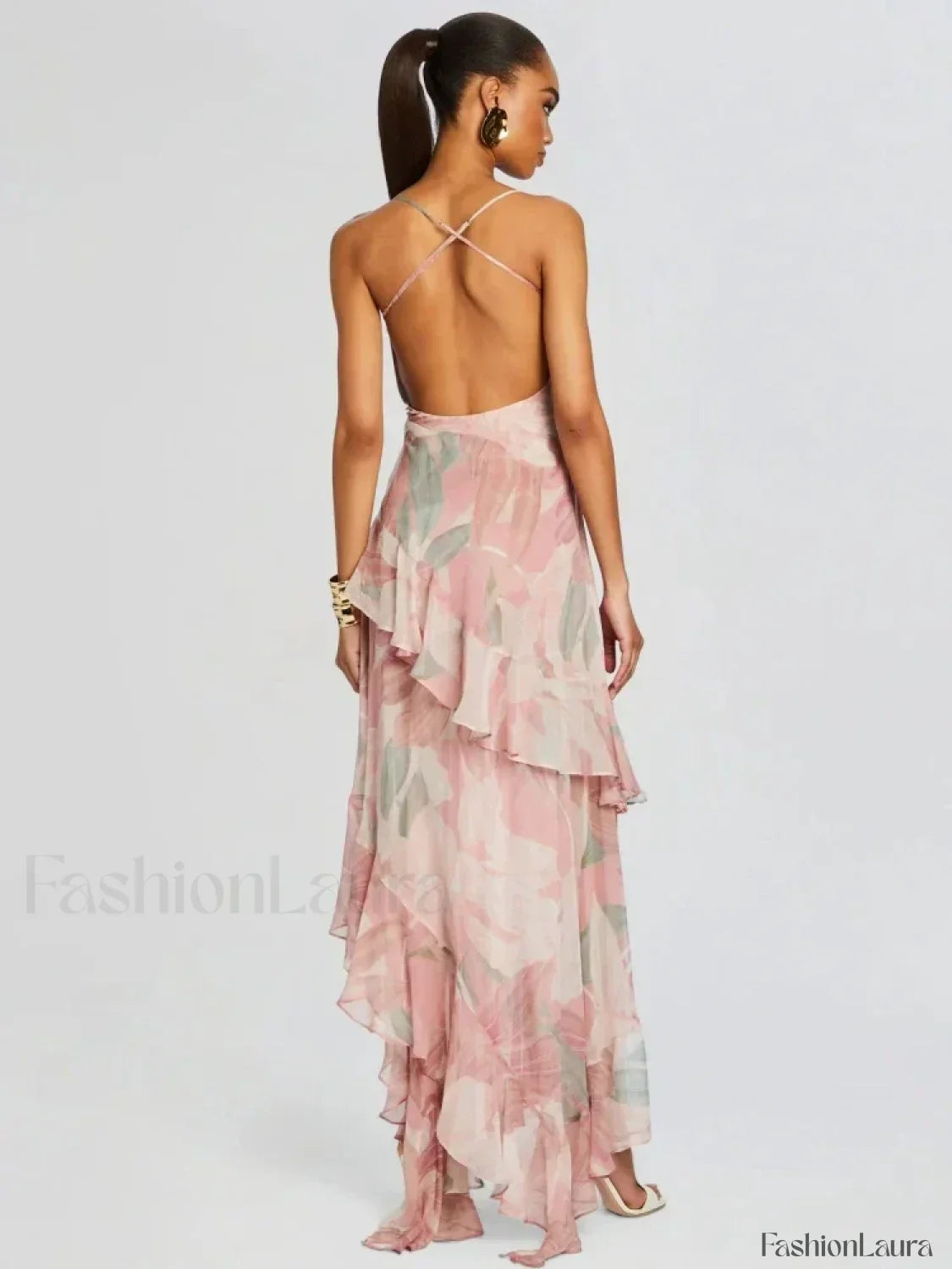 Pink Ruffled Spaghetti Floral Dress