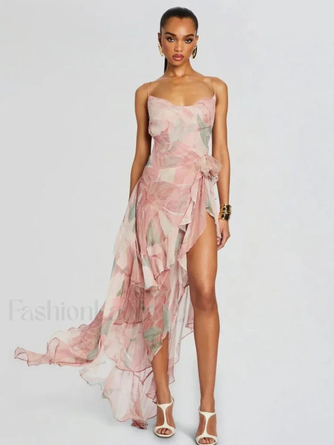 Pink Ruffled Spaghetti Floral Dress Pink / XS