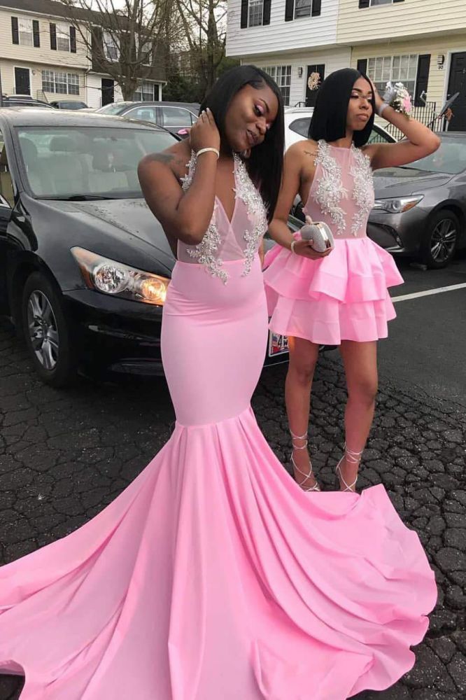 Pink V-Neck Halter Sleeveless Appliques Long Mermaid Prom Dresses