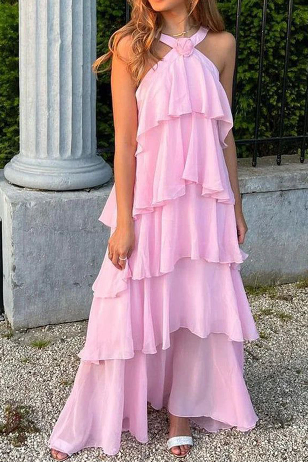 Princess A-Line Halter Neck Pink Long Prom Dress with Ruffles - View 4 | FashionDia