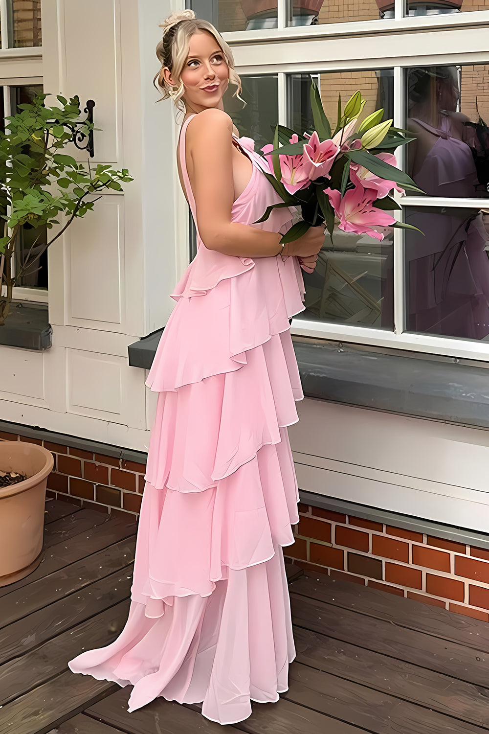 Princess A-Line Halter Neck Pink Long Prom Dress with Ruffles - FashionDia