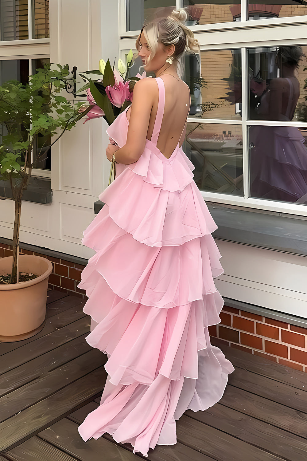 Princess A-Line Halter Neck Pink Long Prom Dress with Ruffles - View 2 | FashionDia