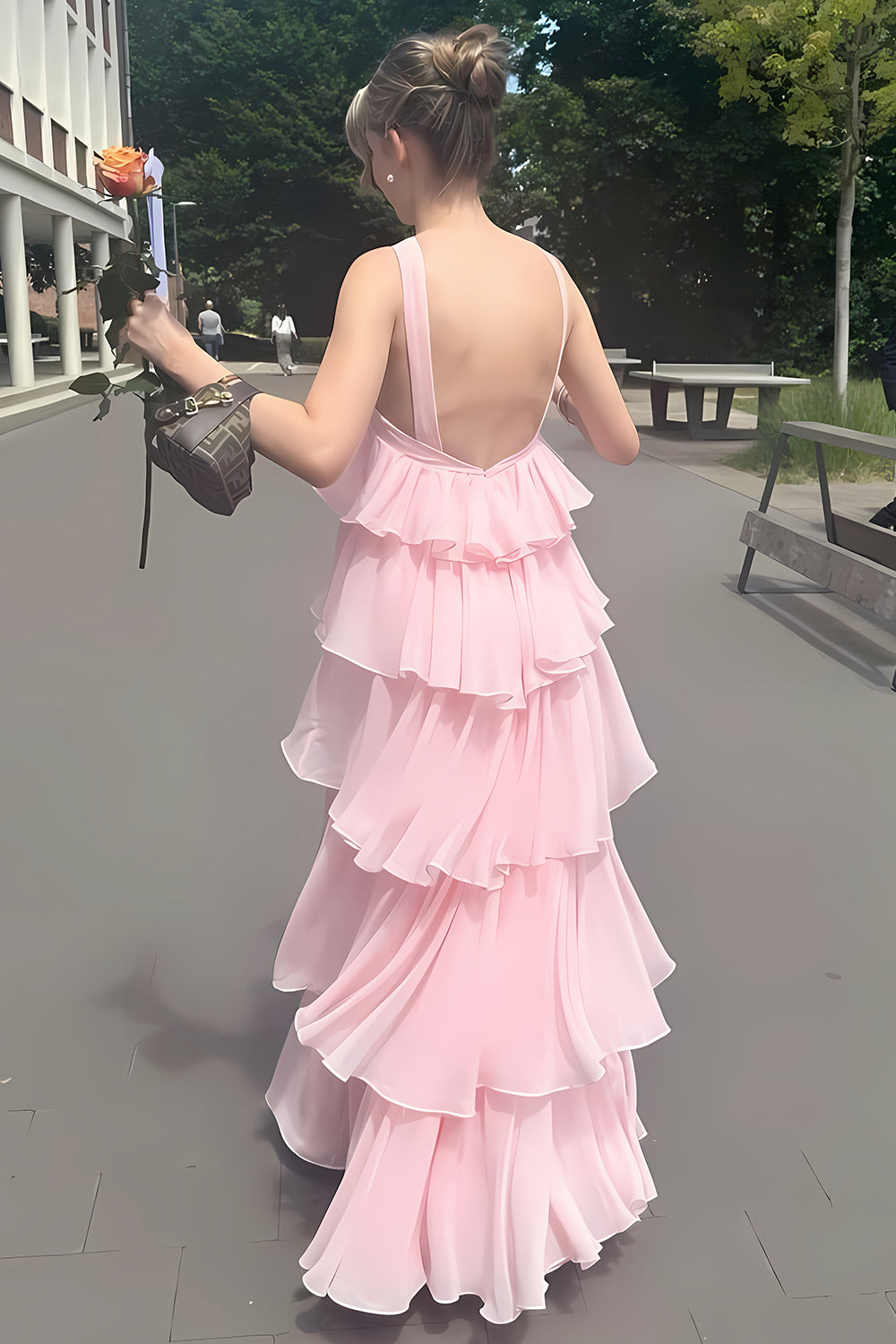 Princess A-Line Halter Neck Pink Long Prom Dress with Ruffles - View 5 | FashionDia