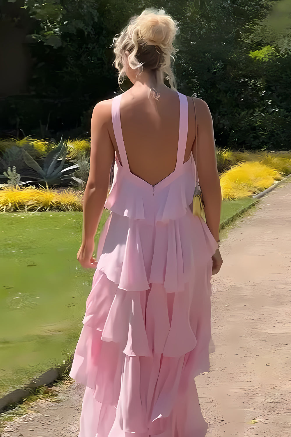 Princess A-Line Halter Neck Pink Long Prom Dress with Ruffles - View 6 | FashionDia