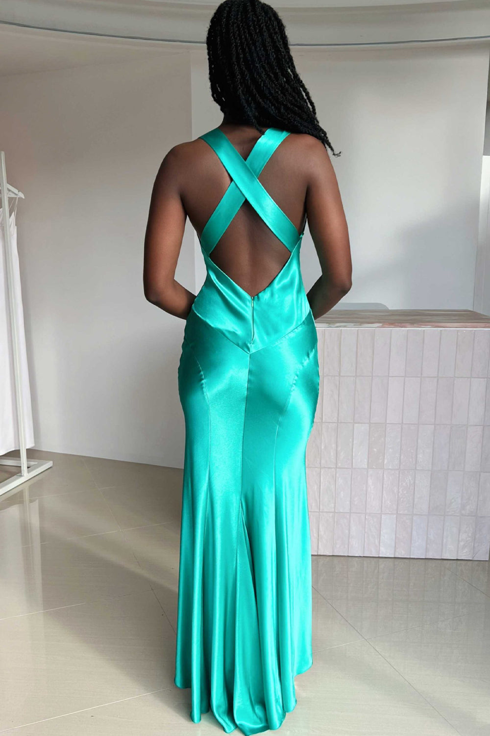 Simple Sheath V Neck Yellow Long Prom Dress with Open Back