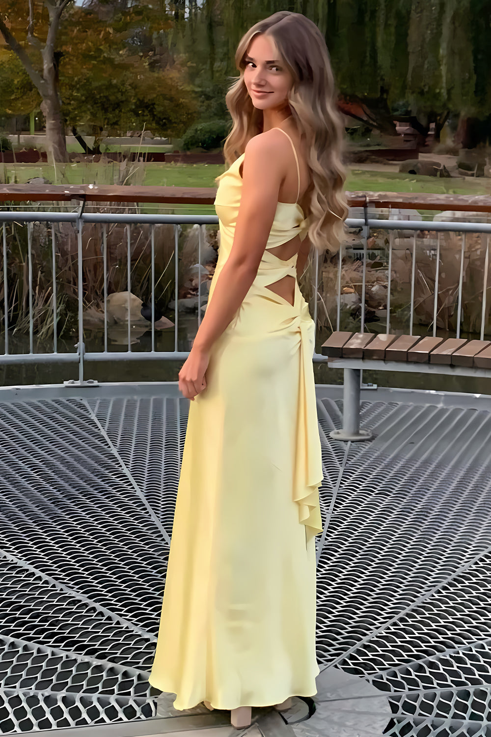 Chic A Line Spaghetti Straps Yellow Long Party Dress with Split Front