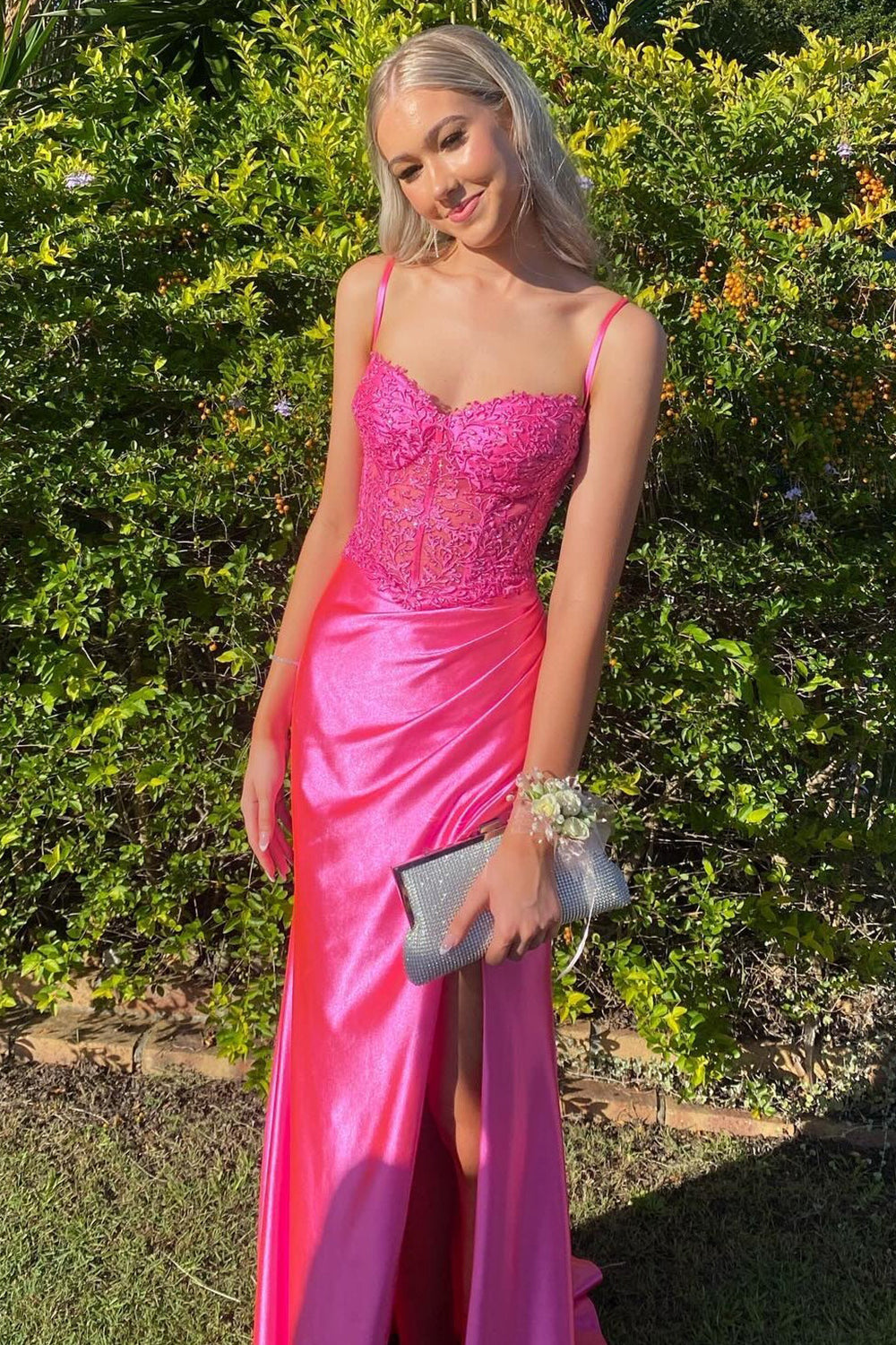Gorgeous Mermaid Spaghetti Straps Fuchsia Long Prom Dress with Appliques - FashionDia