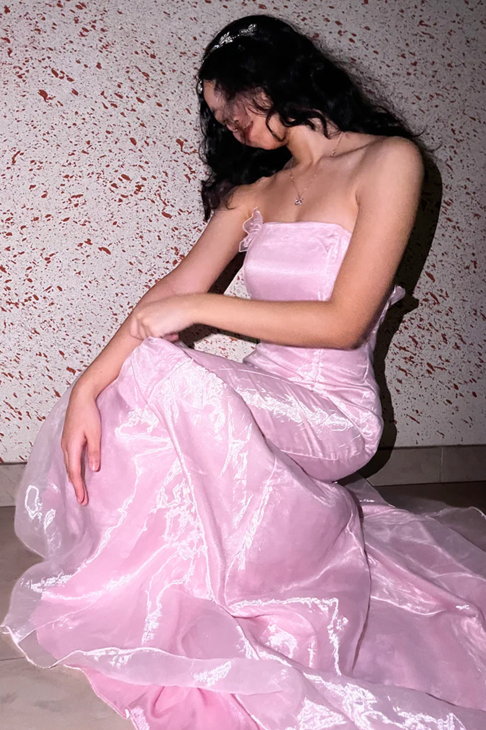Princess Mermaid Strapless Pink Long Prom Dress with Ruffles - View 2 | FashionDia