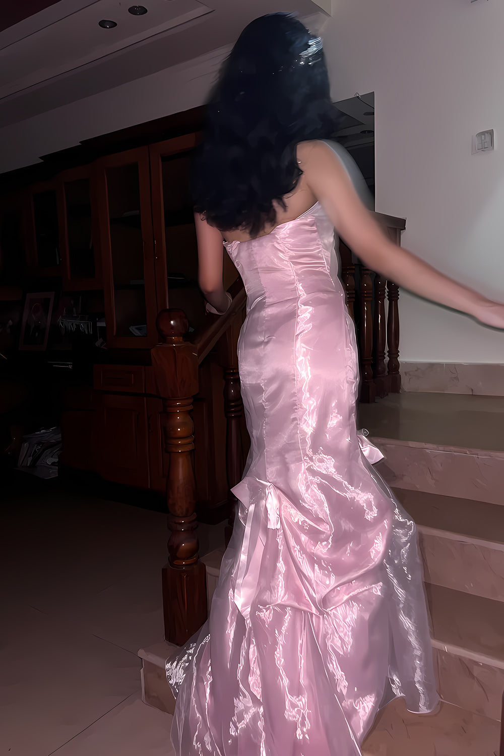 Princess Mermaid Strapless Pink Long Prom Dress with Ruffles - View 3 | FashionDia