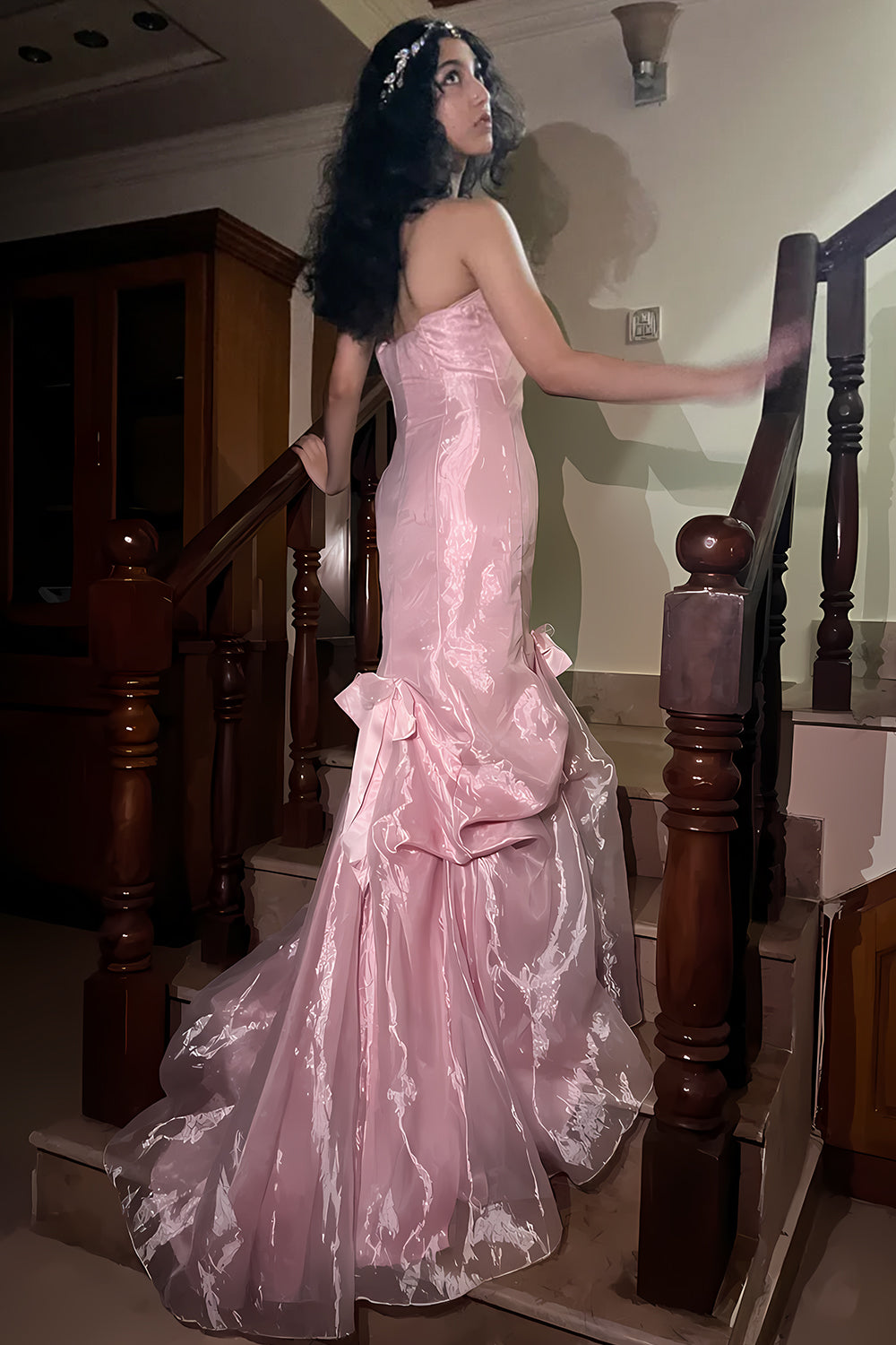 Princess Mermaid Strapless Pink Long Prom Dress with Ruffles - FashionDia