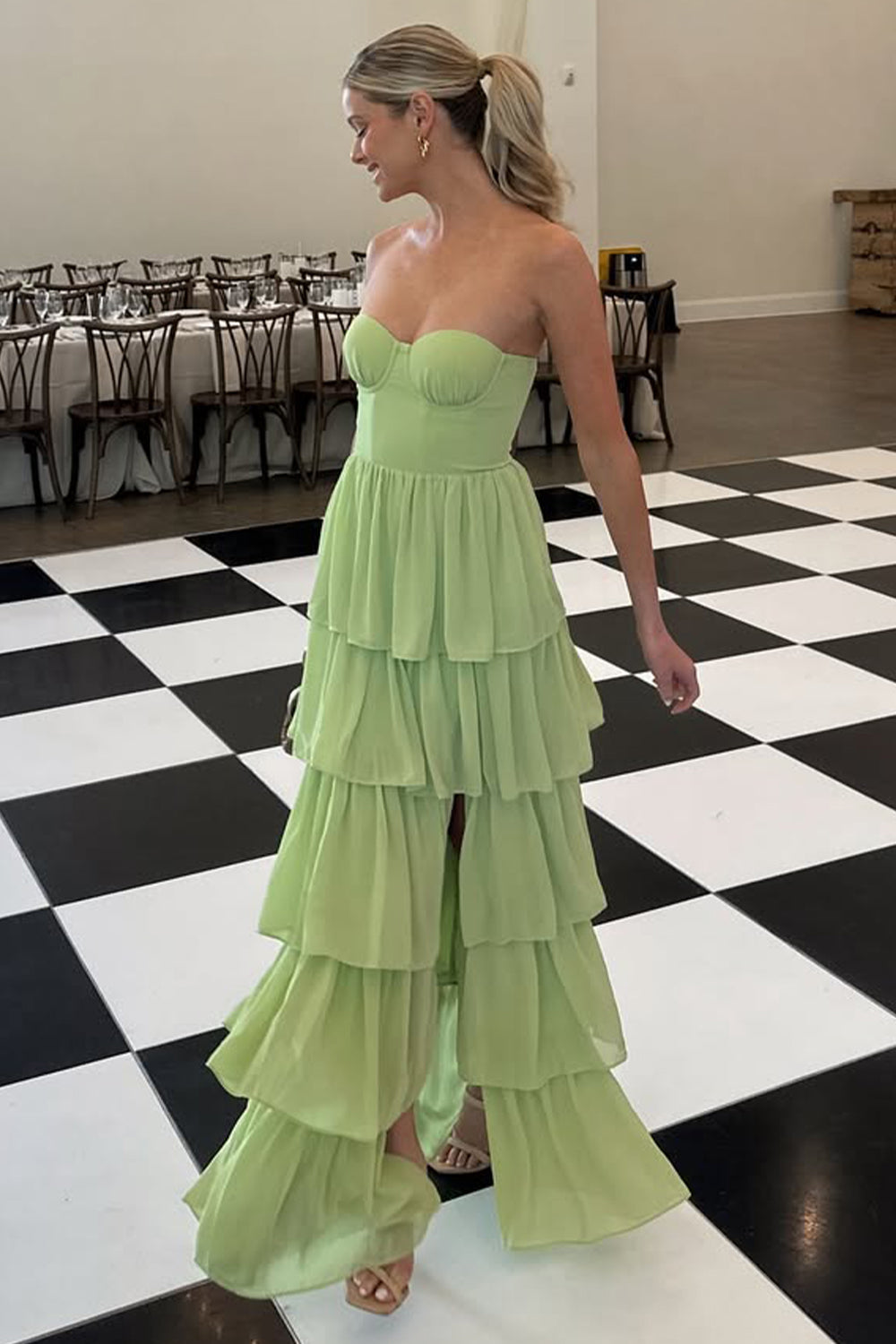 Princess A Line Sweetheart Green Long Party Dress with Ruffles