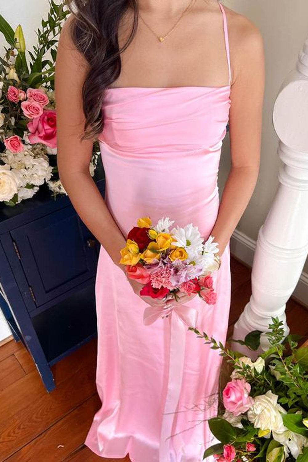 Trendy A Line Spaghetti Straps Pink Long Prom Dress with Backless