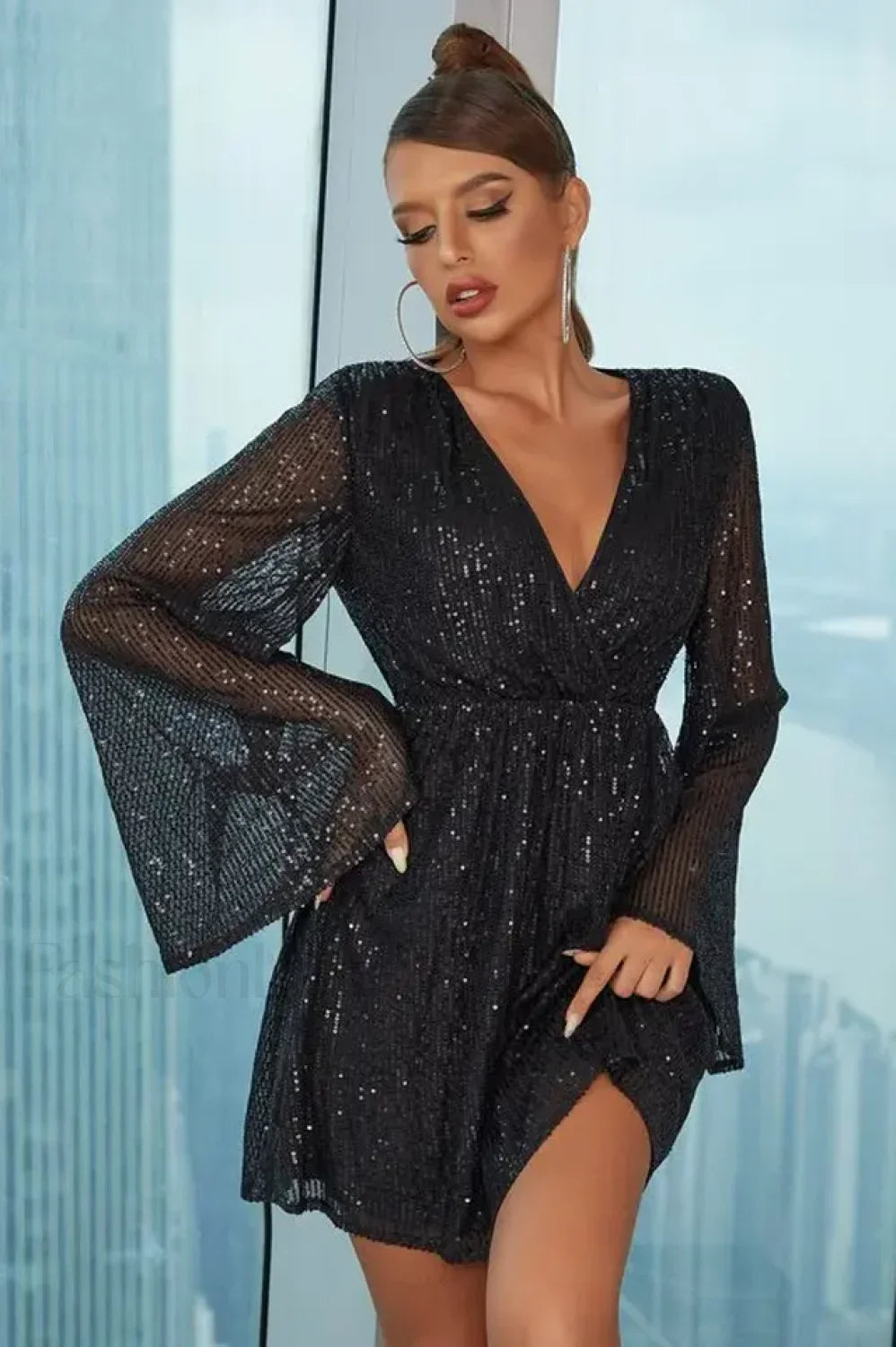 Plunging Neck Stylish Sequin Dress