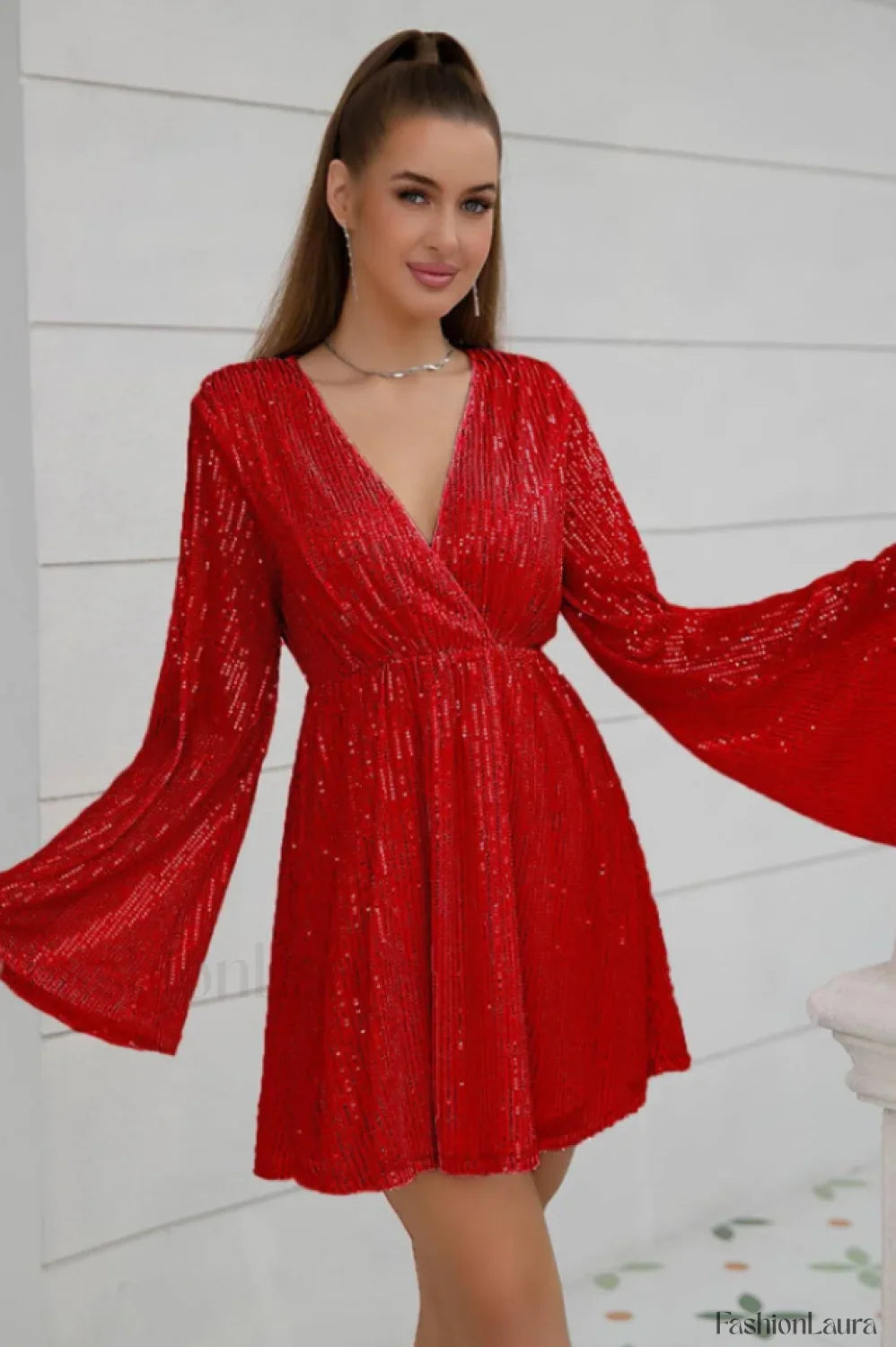 Plunging Neck Stylish Sequin Dress