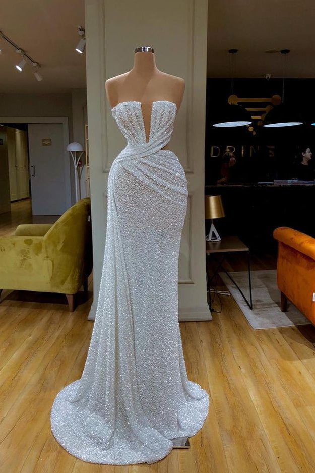 Plunging V-Neck Sparkle White Sequined Strapless Prom Dress