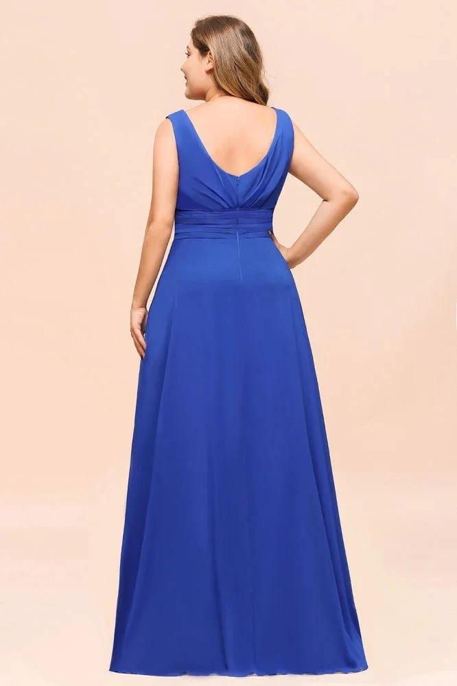 Plus Size Chiffon Sleeveless Royal Blue Bridesmaid Dress V-neck Simple Wedding Dress (ZD12967)
