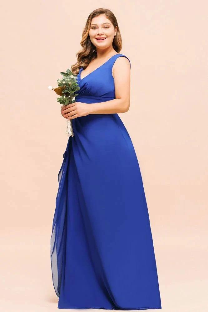 Plus Size Chiffon Sleeveless Royal Blue Bridesmaid Dress V-neck Simple Wedding Dress (ZD12967)