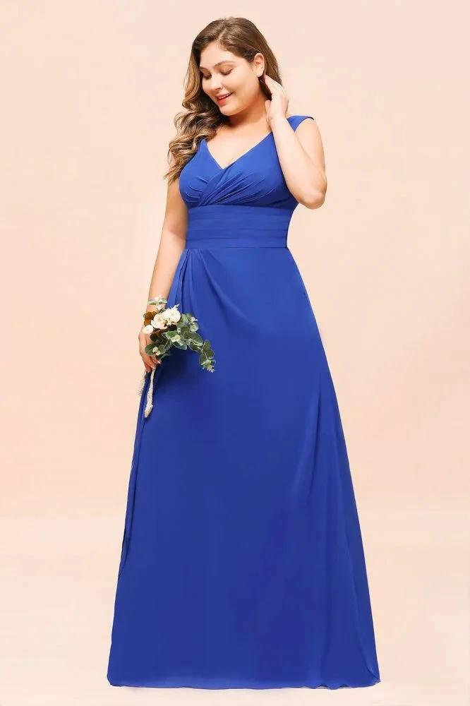 Plus Size Chiffon Sleeveless Royal Blue Bridesmaid Dress V-neck Simple Wedding Dress (ZD12967)
