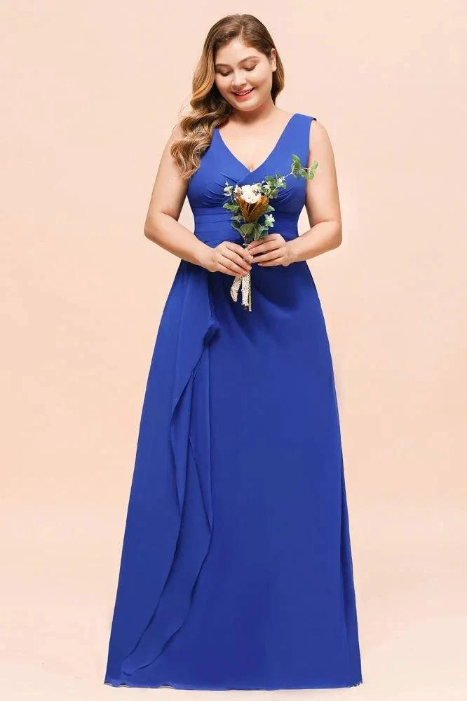 Plus Size Chiffon Sleeveless Royal Blue Bridesmaid Dress V-neck Simple Wedding Dress (ZD12967)